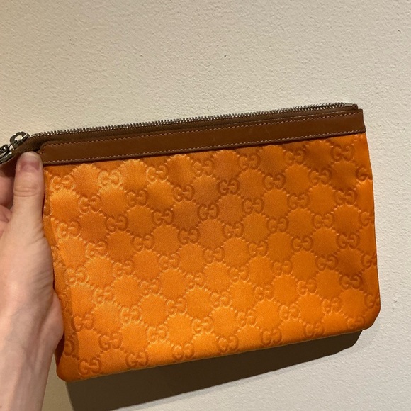 Gucci Orange Monogram Pouch – GG Satin with Leather Trim, Made in Italy - Picture 3 of 9